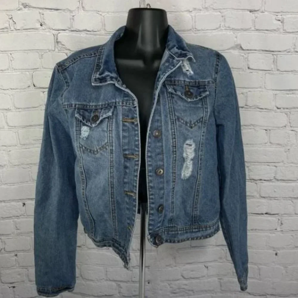 Highway‎ Jeans Women's Blue Distressed Button-Down Denim Jacket Size M Pre-Owned - Picture 3 of 16